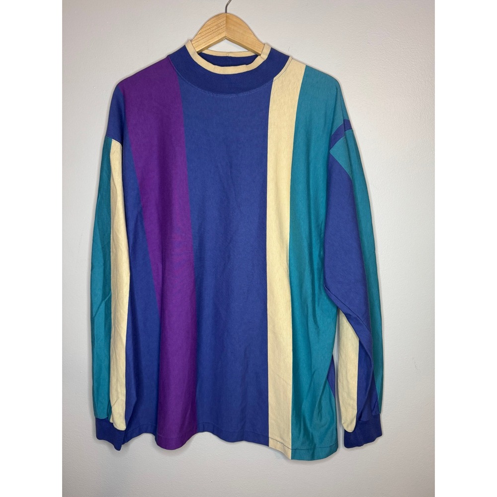 Vintage Lands End Mens Colorblock Stripe Mock Neck Long Sleeve Shirt Large USA